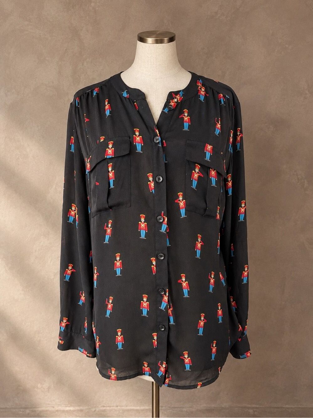 Soho Jeans M Toy Soldier Print Black Button Front Blouse New York & Co
